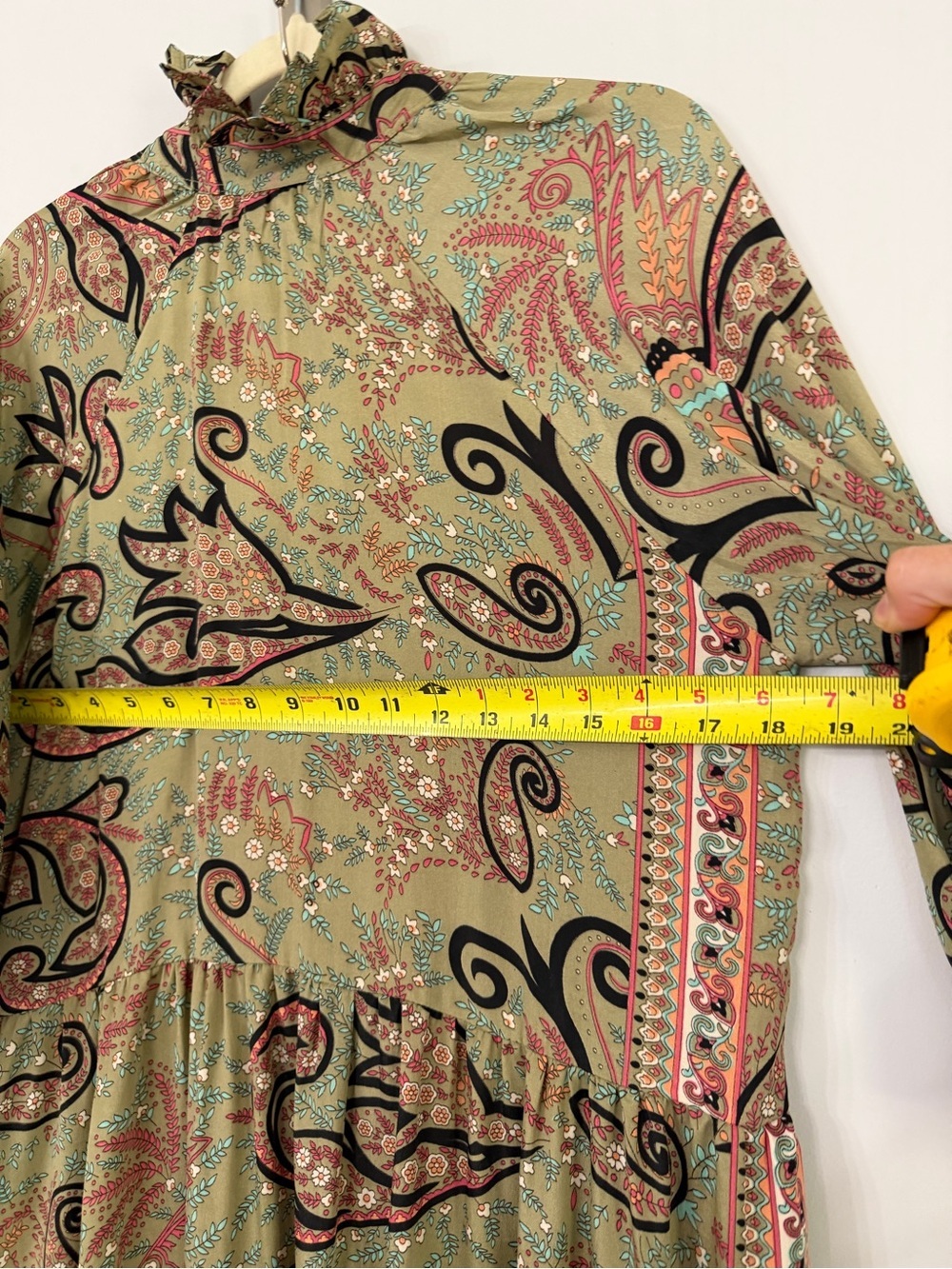 Camille & Co. Women’s Small (but loose!) Olive green paisley ruffle collar maxi - Picture 5 of 7